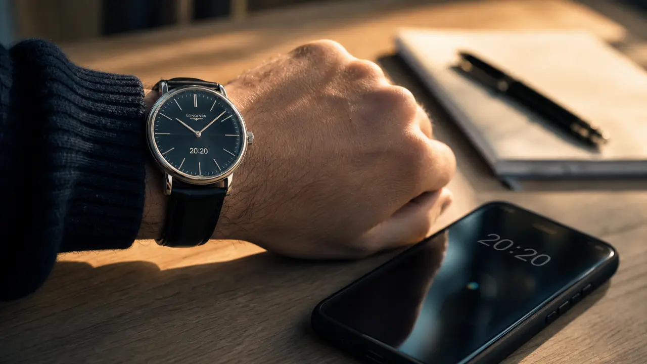 20 h 20 : montre analogique, heure miroir sur cadran et écran