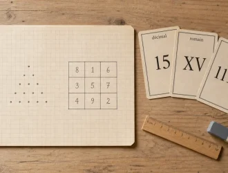 Chiffre 15 avec symboles, triangle et carré magique sur papier