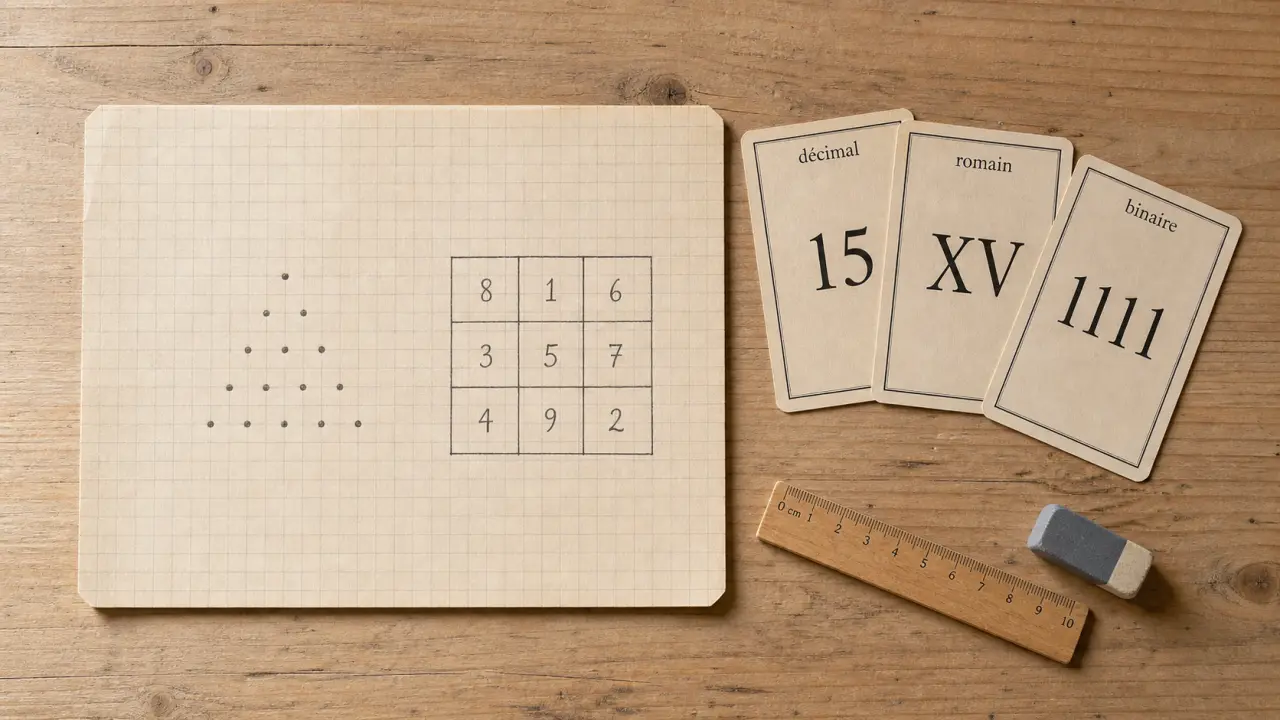 Chiffre 15 avec symboles, triangle et carré magique sur papier