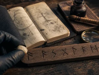 Runes signification Futhark ancien, Fehu gravé sur plaque de noyer