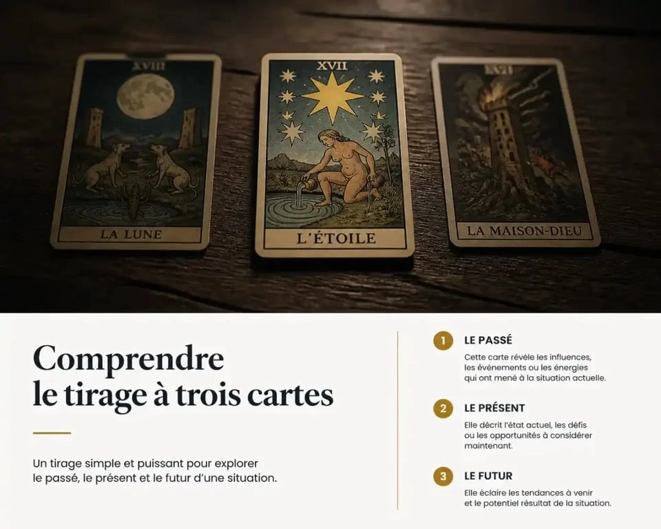 Tirage de tarot pour connaître les sentiments d'une personne avec trois cartes disposées sur une table