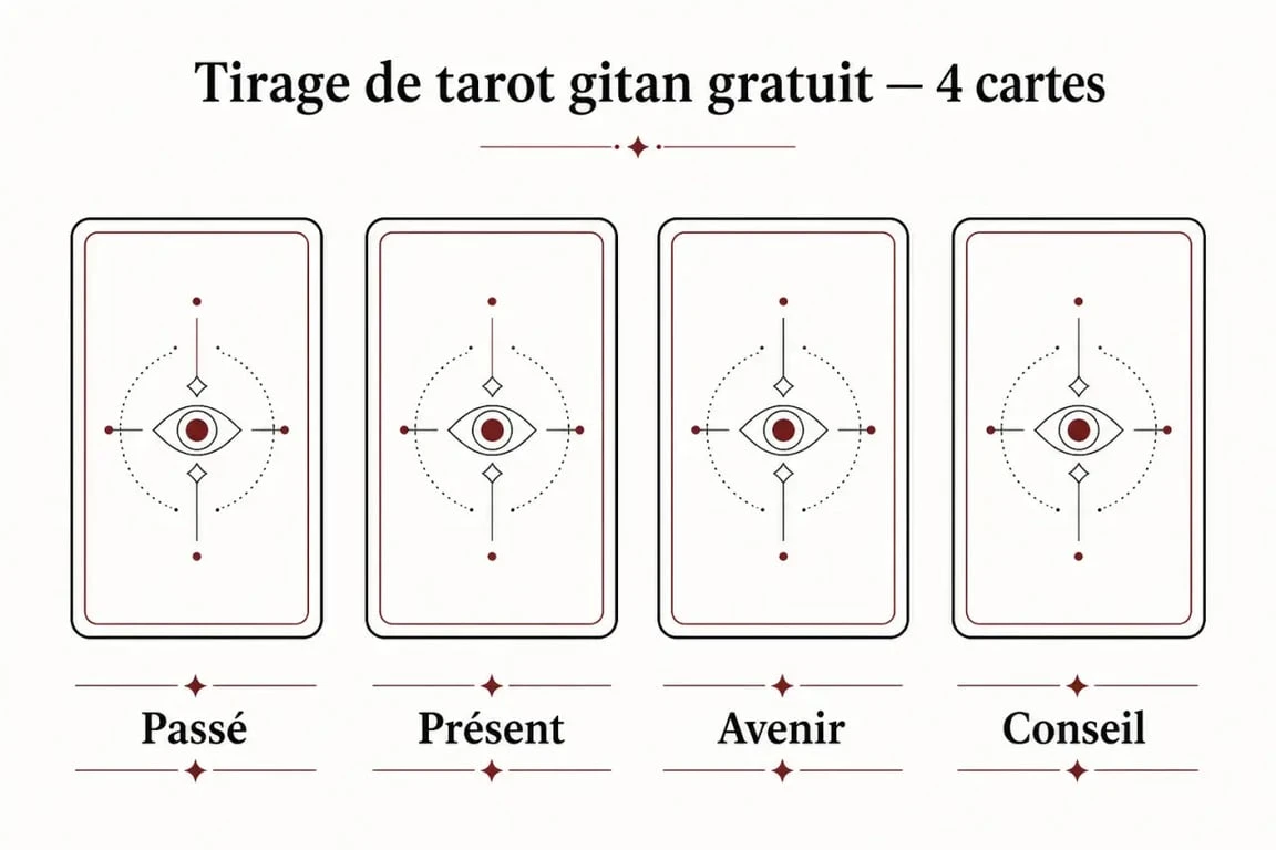 Schéma du tarot gitan gratuit en 4 cartes avec passé, présent, avenir et conseil