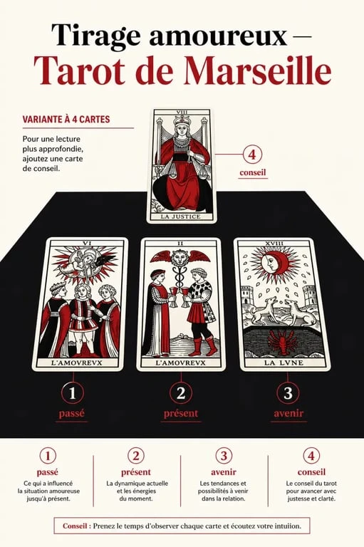 tarot de Marseille amour : tirage à trois et quatre cartes pour comprendre la situation, le blocage et l’évolution