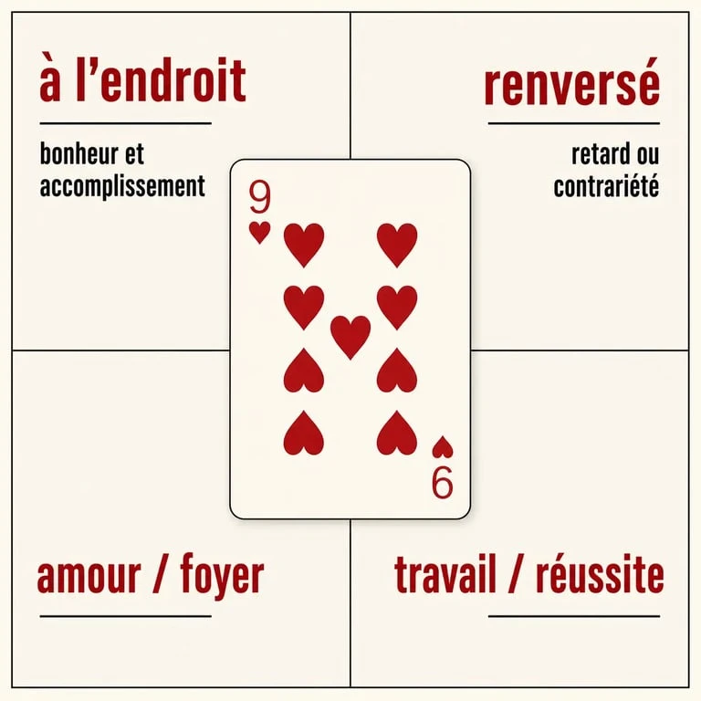 9 de coeur signification cartomancie : carte centrale avec ses sens à l’endroit, renversé, amour et travail
