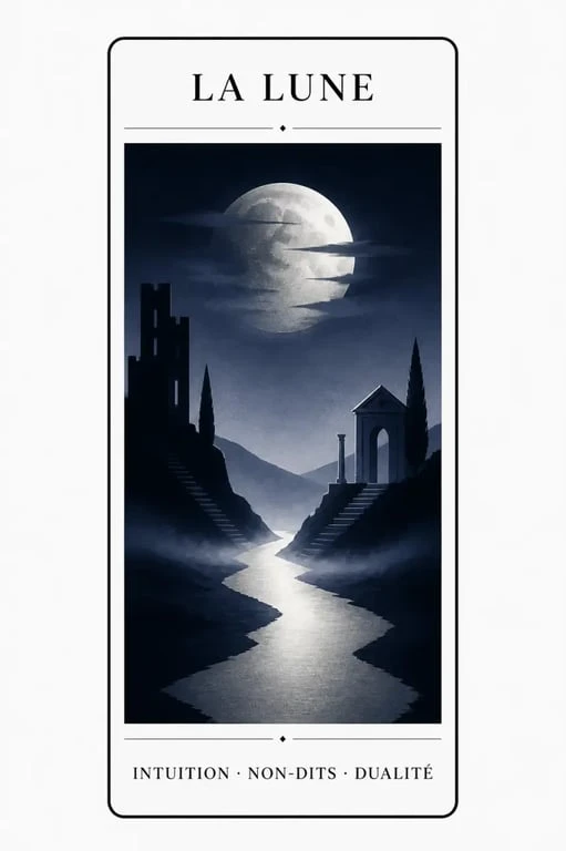 La lune tarot signification amour illustrée par une carte nocturne symbolique avec clair de lune et chemin brumeux