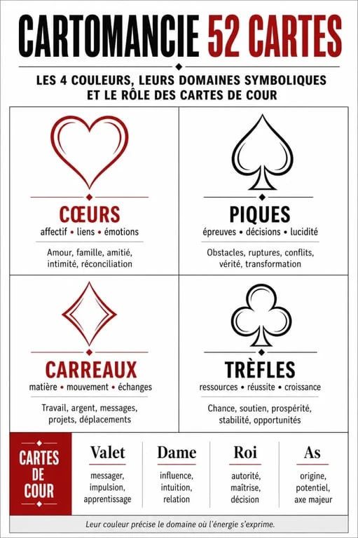 Cartomancie 52 cartes : les quatre couleurs et leurs domaines symboliques