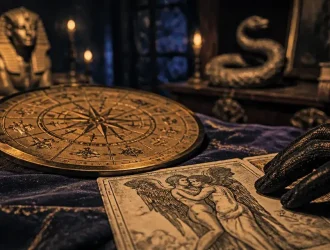 la roue de la fortune tarot amour sur disque de laiton, ambiance chaude