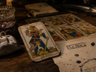 Le fou tarot, carte Le Mat, tirage sur table