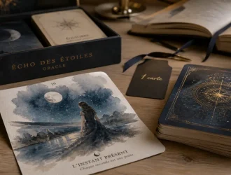 Oracle tarot 78 cartes, tirage à 1 carte sur table en bois