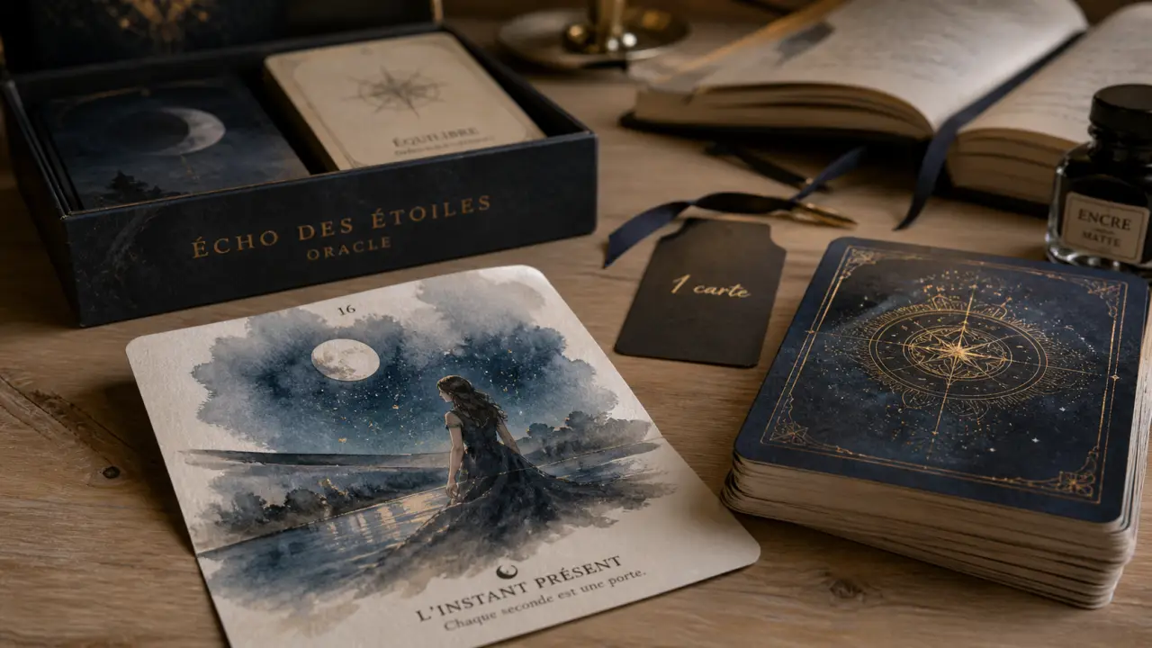 Oracle tarot 78 cartes, tirage à 1 carte sur table en bois