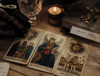 Tarot de marseille amour : tirage à 3 cartes, table bois et cartes ouvertes