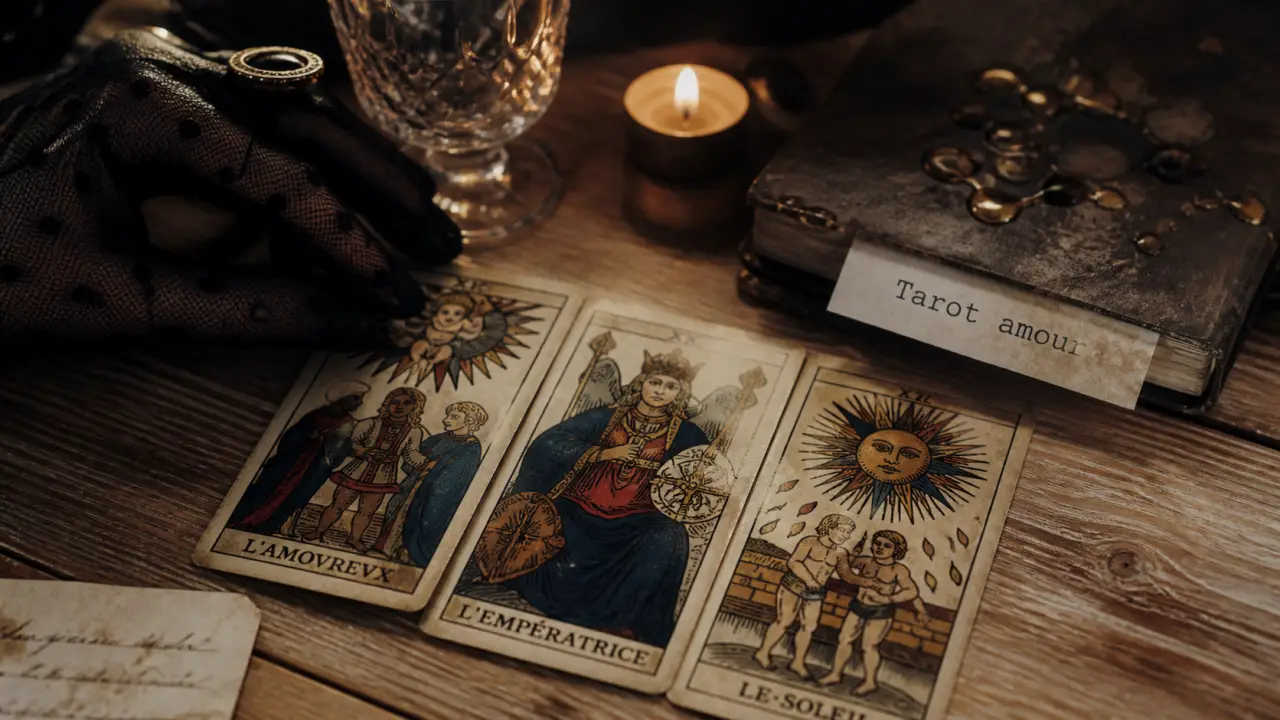 Tarot de marseille amour : tirage à 3 cartes, table bois et cartes ouvertes