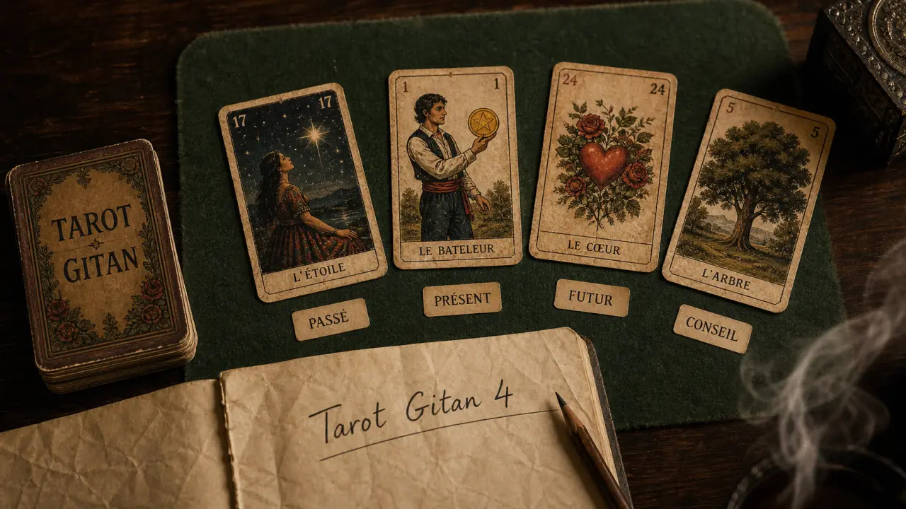 Tarot gitan gratuit en 4 cartes : passé, présent, avenir, conseil