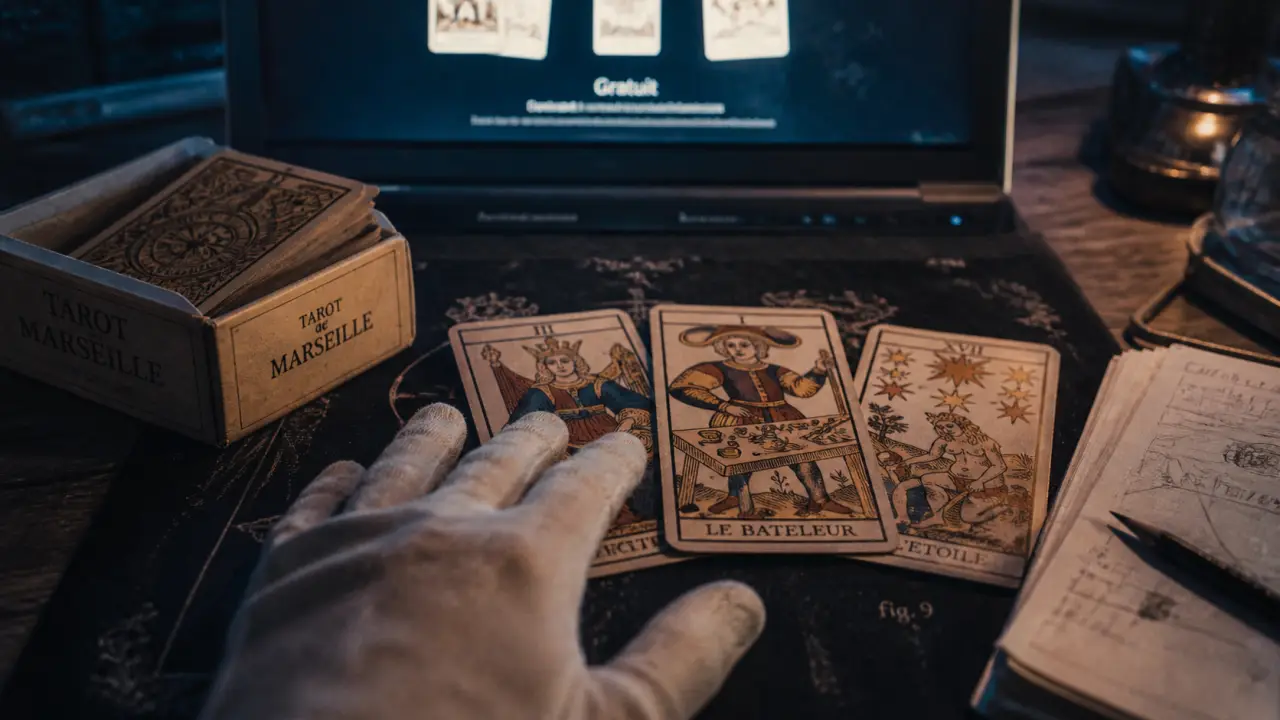 Voyance par tarot gratuit en ligne : cartes de Marseille sur table