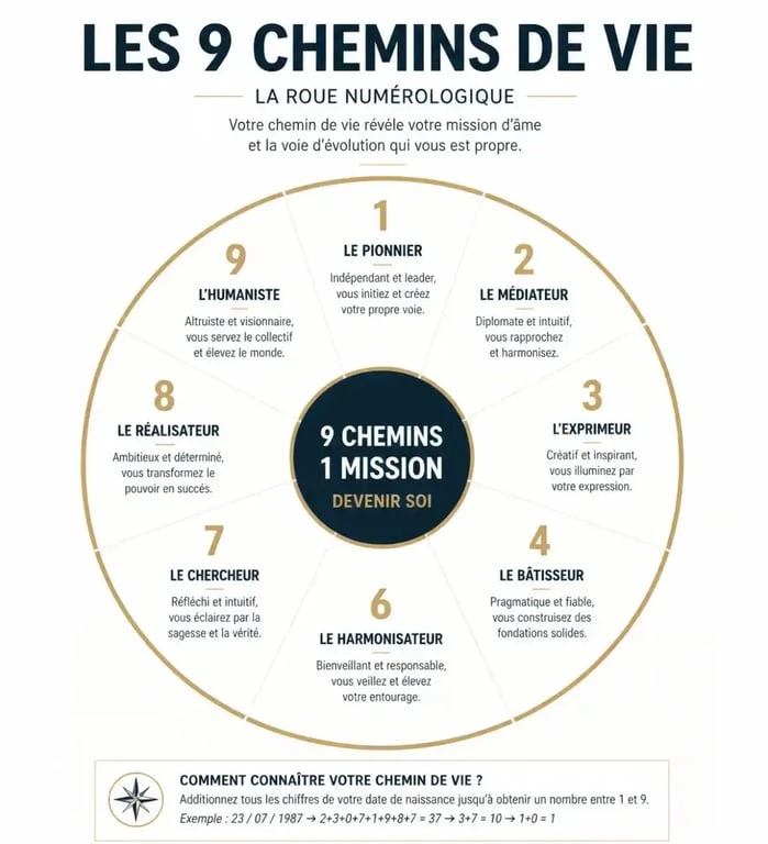 Infographie des 9 chemins de vie pour connaitre son chemin de vie en numérologie