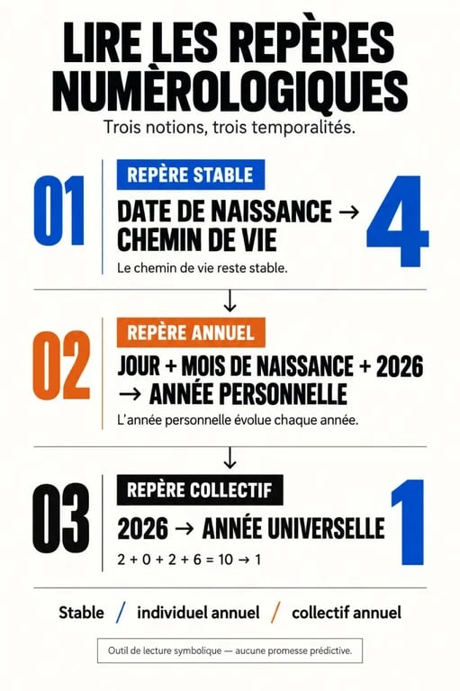 Infographie du chemin de vie 4 pour 2026 et de sa différence avec l'année personnelle et l'année universelle 1