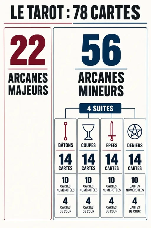Infographie sur la signification des cartes et la structure du Tarot à 78 cartes