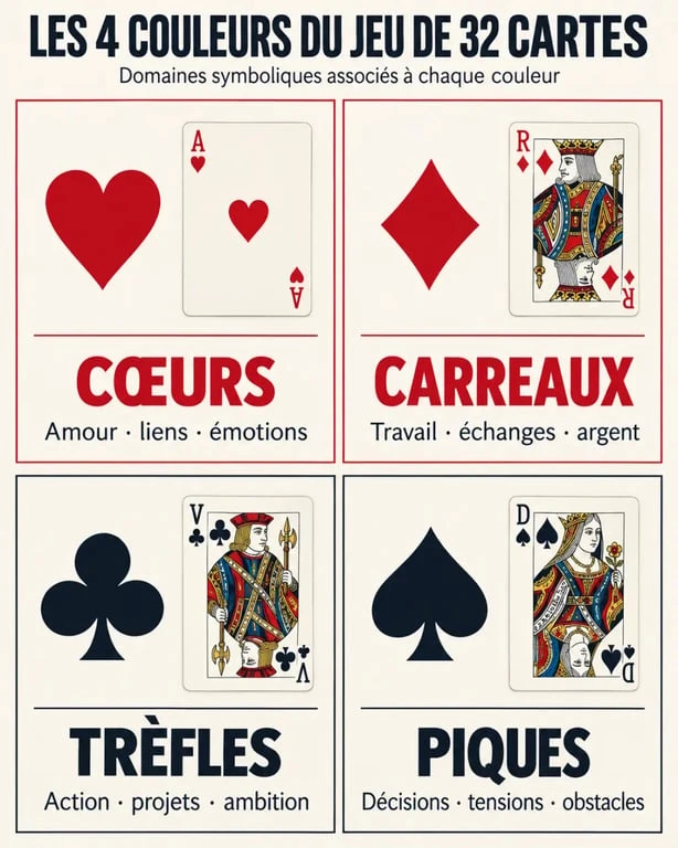 Signification des cartes en cartomancie : domaines symboliques des quatre couleurs d’un jeu de 32 cartes