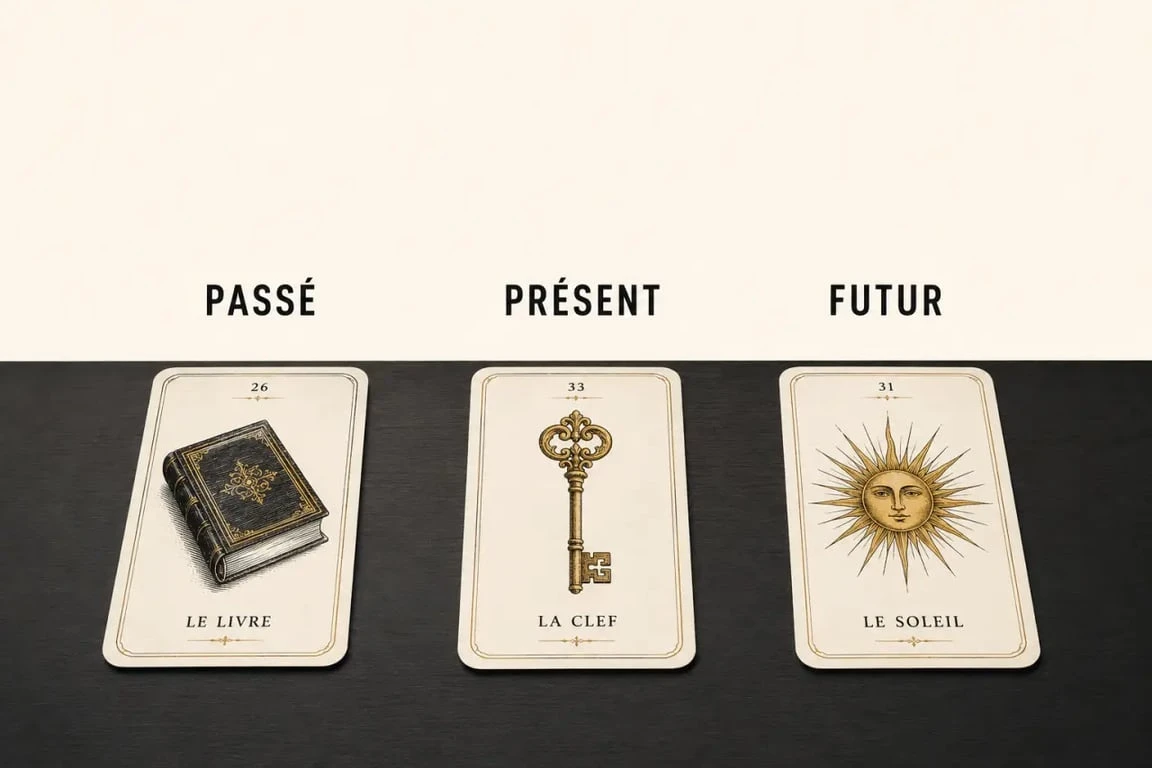Tirage 3 cartes lenormand gratuit avec les positions passé, présent et futur sur une table sombre