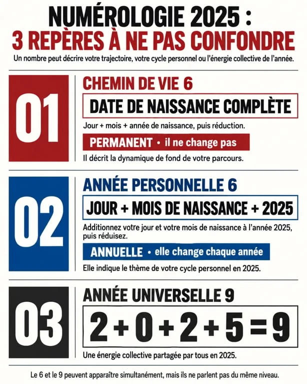 Infographie du chemin de vie 6 en 2025 et de la différence avec l’année personnelle 6