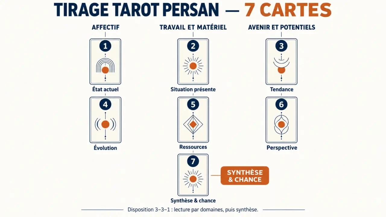 Schéma du tirage Tarot Persan 7 cartes selon la disposition 3-3-1