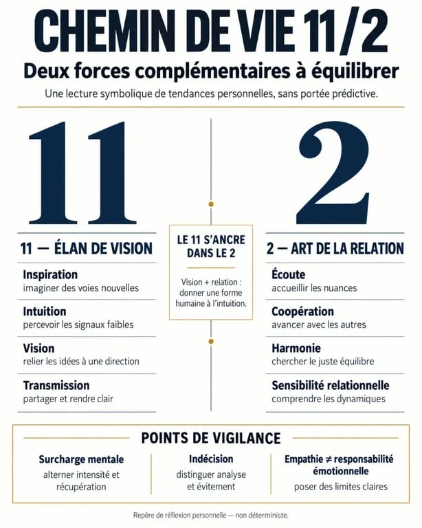 Infographie du chemin de vie 11 et de la double lecture 11/2 en numérologie