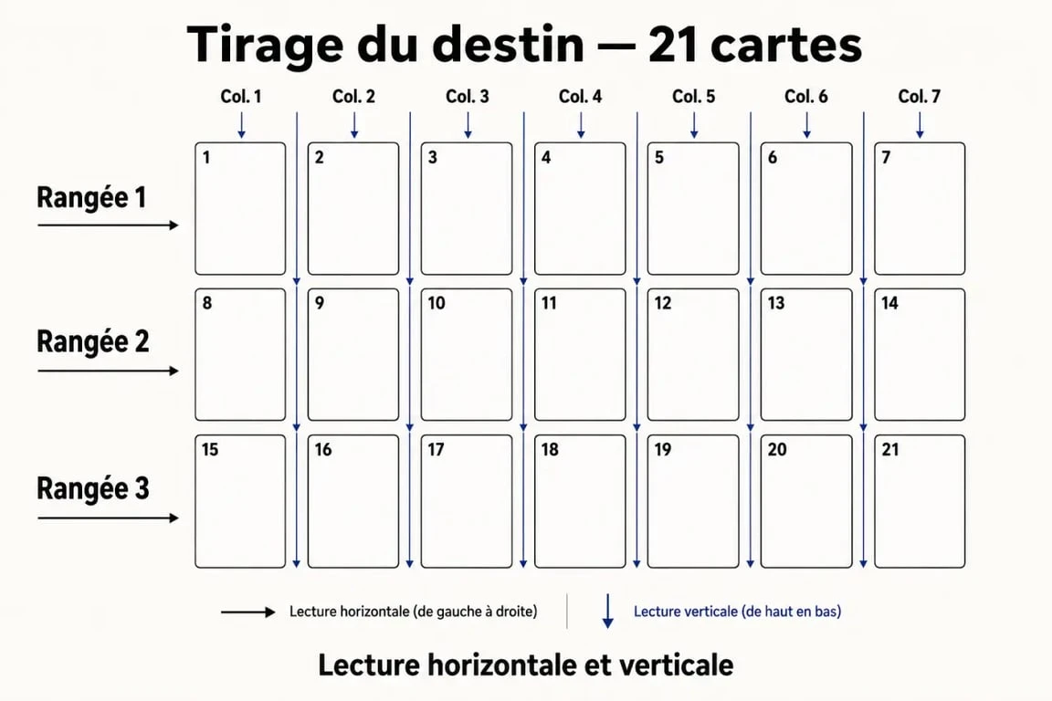 Tirage du destin en 21 cartes en grille 3x7 avec lecture horizontale et verticale
