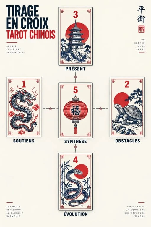 Schéma du tarot chinois 5 cartes en tirage en croix avec les cinq positions