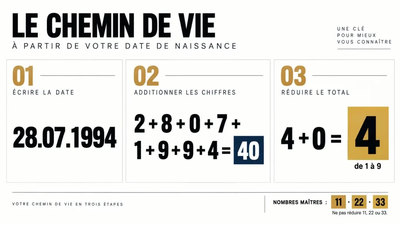 Infographie illustrant le calcul chemin de vie et la conservation des nombres maîtres 11, 22 et 33