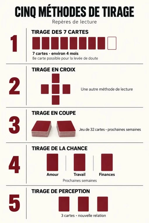 Infographie comparative du tirage dame de trefle 7 cartes et des autres méthodes de tirage