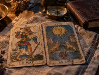 Le mat tarot combinaison : cartes ouvertes sur table en bois