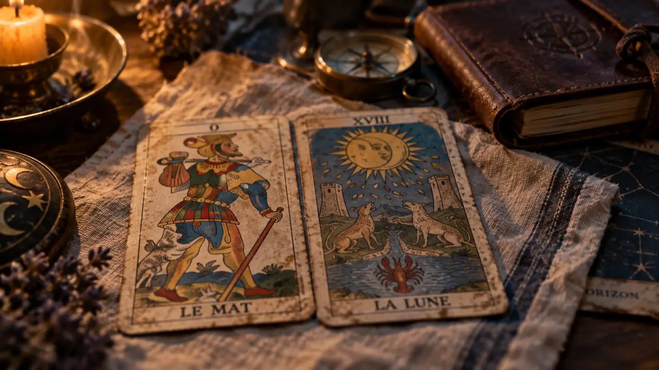 Le mat tarot combinaison : cartes ouvertes sur table en bois