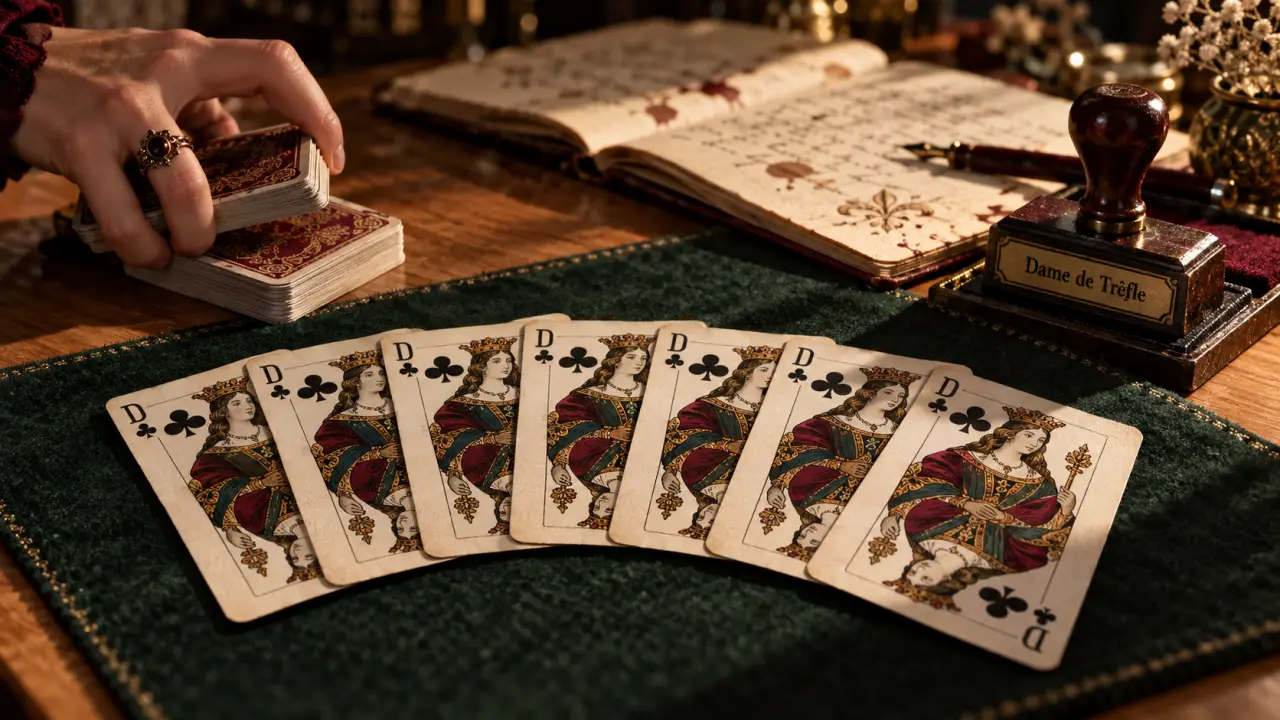 tirage dame de trefle 7 cartes sur table, aperçu 4 mois