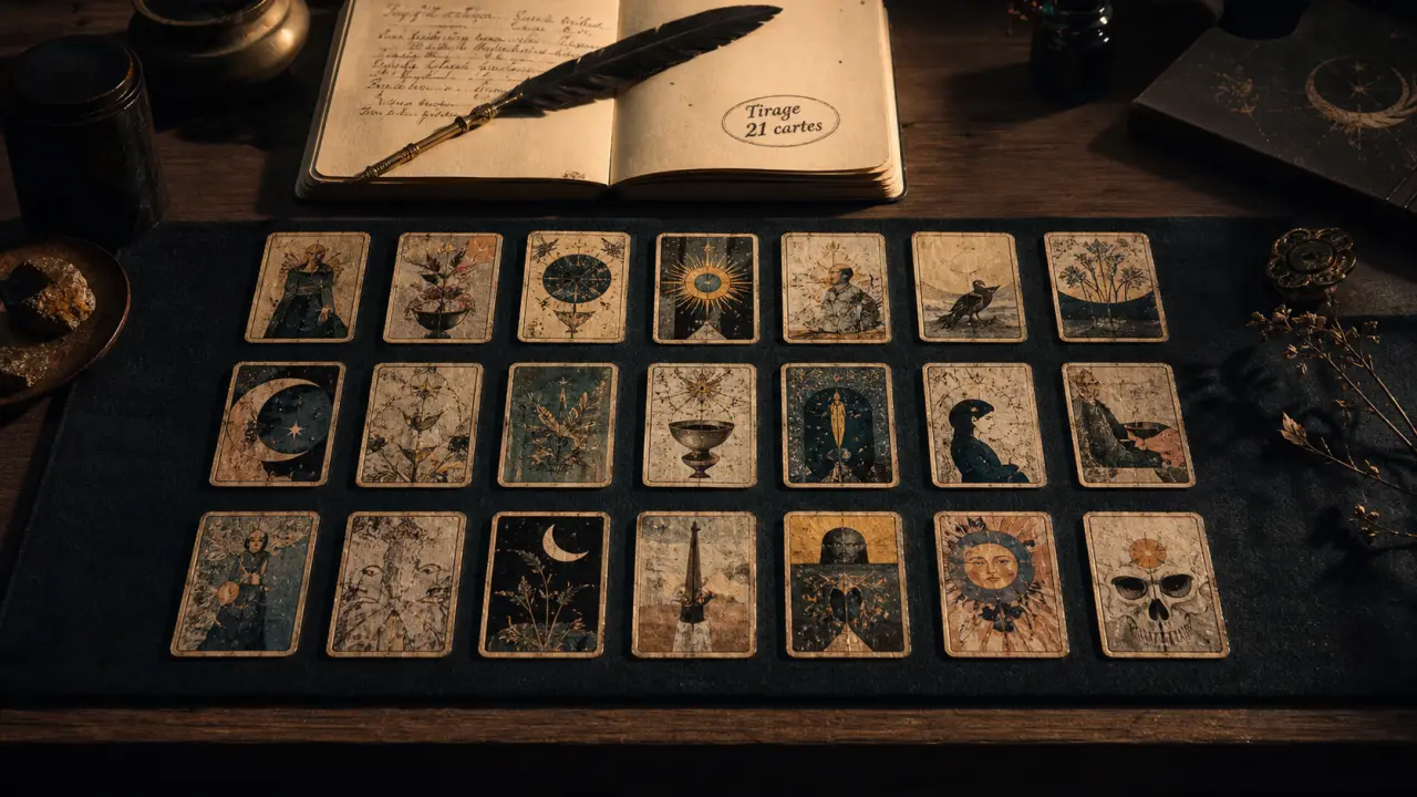Tirage du destin en 21 cartes, 21 cartes de tarot en grille