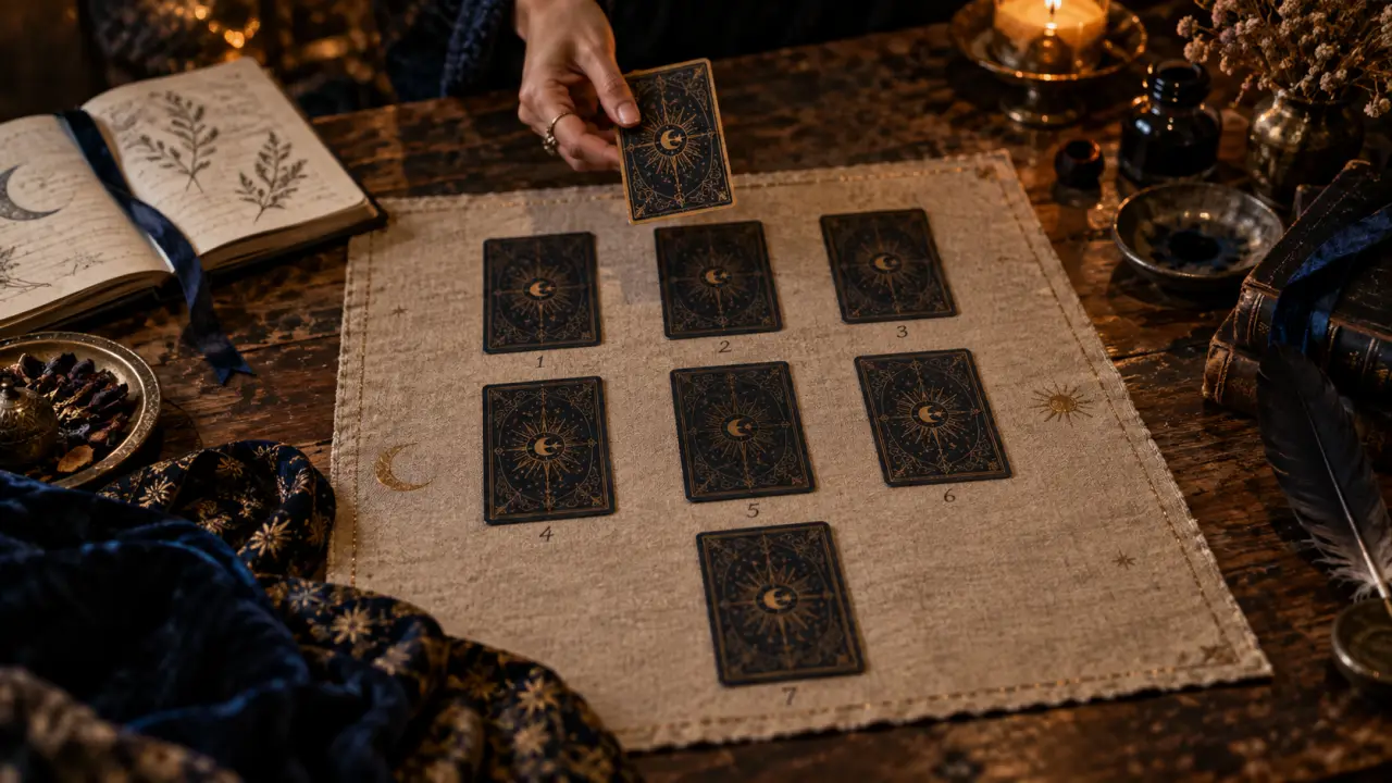 Tirage tarot persan 7 cartes Indira : schéma 3-3-1