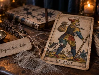 Le mat tarot : Le Mat sur une table en bois, départ sans chiffre