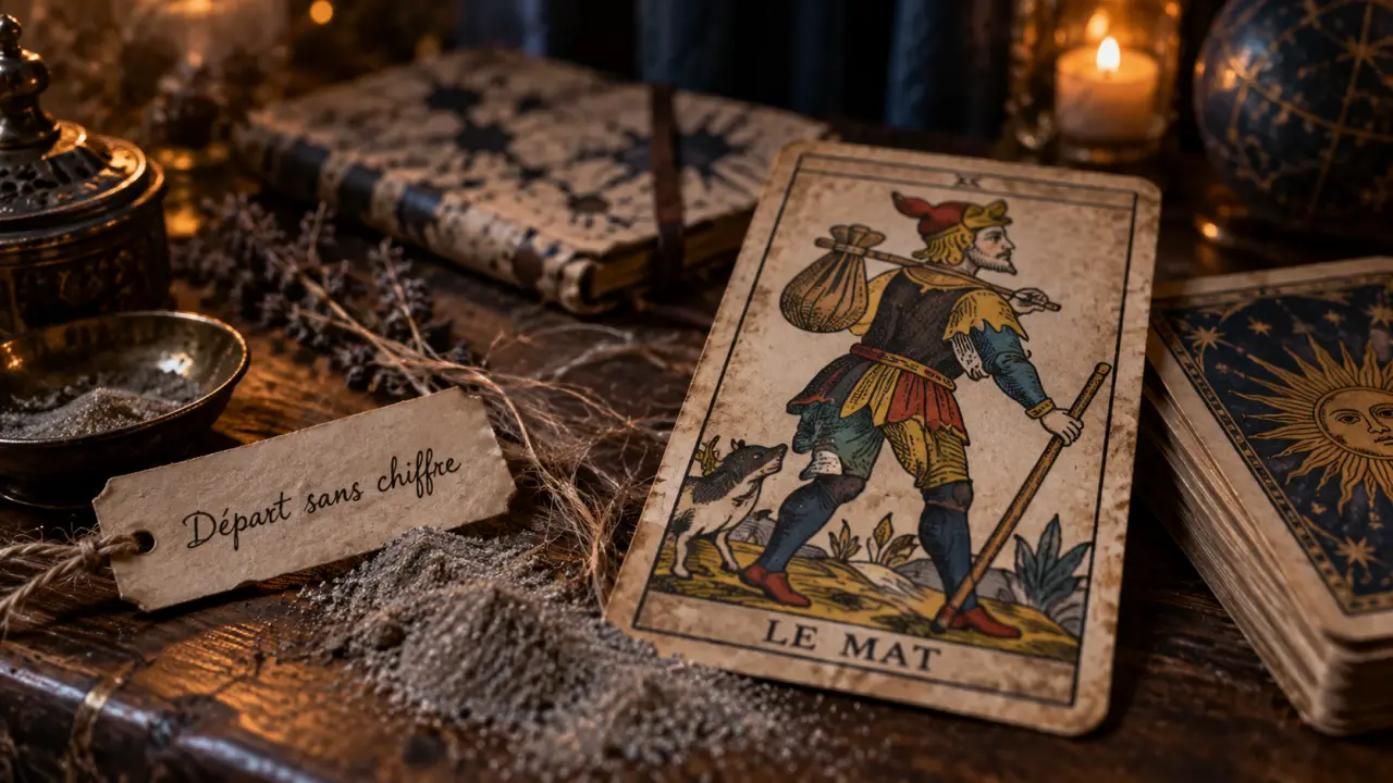 Le mat tarot : Le Mat sur une table en bois, départ sans chiffre