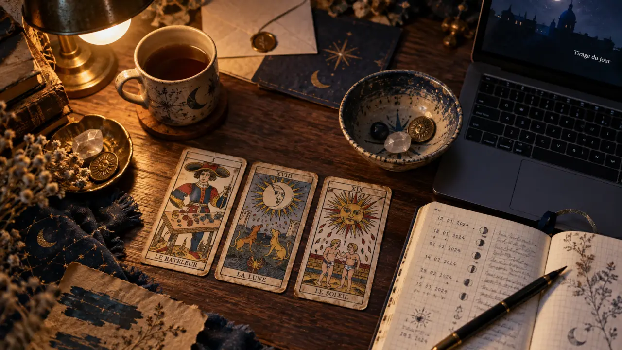 Tirage de cartes : tarot ouvert et carnet pour clarifier une question