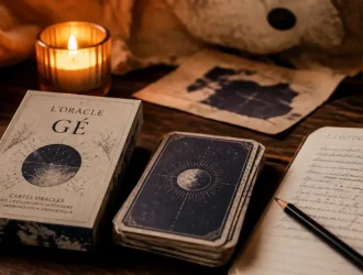 Tirage oracle gé amour : cartes de tarot et bougie sur table
